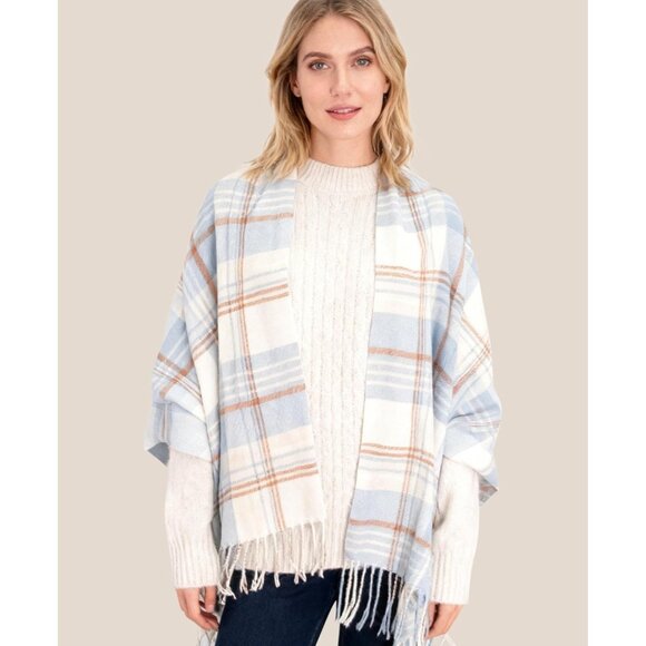 Women Cream Blue Check Winter Warm Shawl Wraps Tartan Blanket Oversized Scarves - Picture 2 of 6